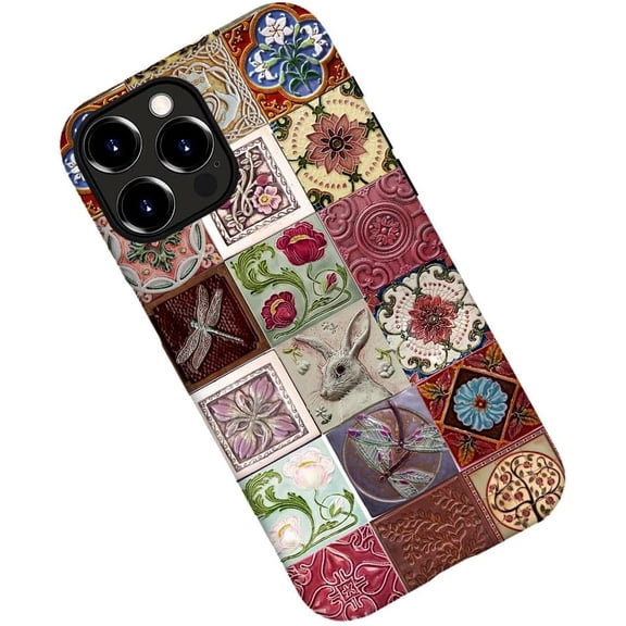 Case for iPhone 13 Pro, Floral Rabbit Dragonfly Collage Tiles Phone Case Military-Grade Drop Protection Cover for Women Girl - Frosted