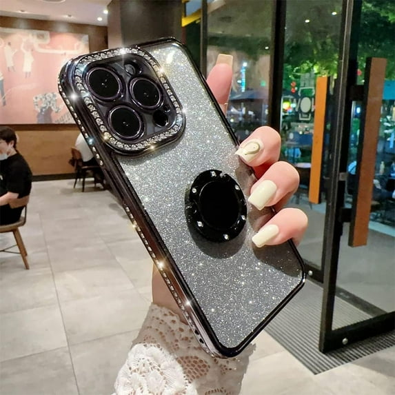 Case for iPhone 13 Pro Max Case Women Girl with Ring Stand Ring Holder Kickstand, Cute Glitter Sparkle Bling Protective Phone Case Cover (Black)