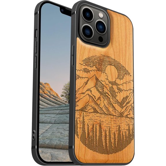 Case for iPhone 13 Pro Max [Natural & Black Soft TPU] Unique & Classy Shockproof Protective Cover Compatible with MagSafe Alpine Lake Carving -Cherry