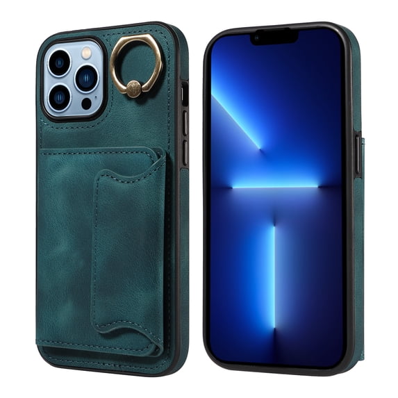 Case for iPhone 13 Pro Max, PU Leather 3 Card Slots with Finger Ring Holder Shockproof Phone Case
