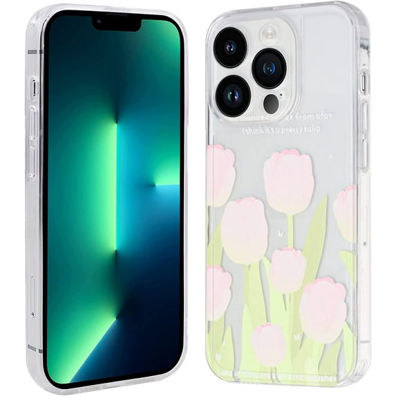 Case for iPhone 13 Pro Max, Soft Shockproof Clear Floral Pattern Design Phone Protective Cover for Girls and Women, Pink Tulip Flowers