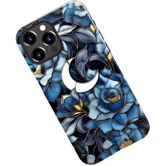 Case for iPhone 13 Pro Max, Stained Glass Floral and Moon Phone Case Military-Grade Drop Protection Cover for Women Girl - Glossy