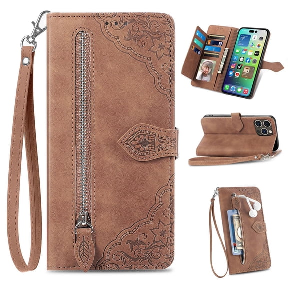 Case for iPhone 13 Pro Max Wallet Case Zipper Pocket with Card Holder Slot Magnetic Closure Lanyard Flip Cover, Brown