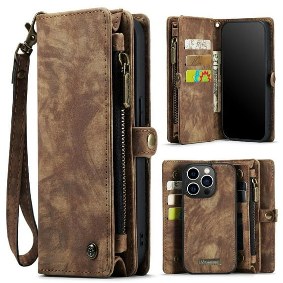 Case for iPhone 14 Pro Detachable Card Holder TPU PC Handmade Leather Zipper Wallet Cover Trifold with Strong Magnetic