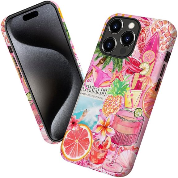 Case for iPhone 13 Pro, Pink Turtle Pineapple Flowers Collage Phone Case Military-Grade Drop Protection Cover for Women Girl - Frosted
