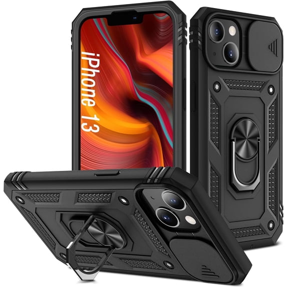 Case for iPhone 13, Shockproof Impact Resistant with Slide Lens Protective Cover Case for iPhone 13 (6.1 inch) (Black)
