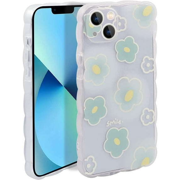 Case for iPhone 13, Soft TPU Bumper Cute Print Pattern Design Women Girls Protective Phone Cover Case for iPhone 13 (6.1 inch), Green Flower