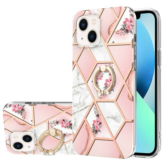 Case for iPhone 13 protective case, IMD Marble Flowers Pattern with Ring Holder Case,Shockproof Silicone TPU Slim Protective Cover