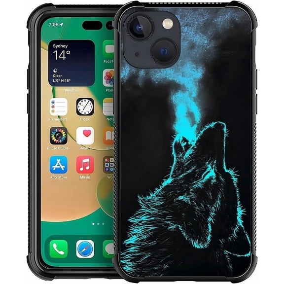 Case for iPhone 14 Case, Blue Breathing Wolf Pattern Graphic Design Girl Boy Soft Silicone Hard Acrylic Shock Protection Case for iPhone 14