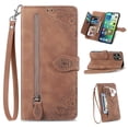 thumbnail image 1 of Case for iPhone 14 Case & iPhone 13 Case Wallet Case Zipper Pocket with Card Holder Slot Magnetic Closure Lanyard Flip Cover, Brown, 1 of 7