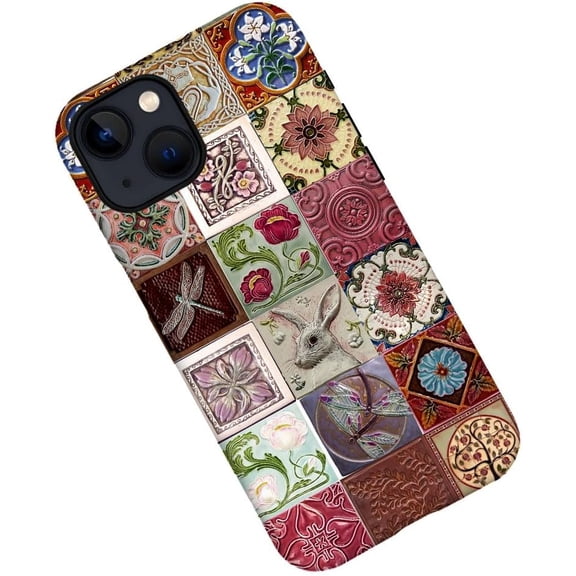 Case for iPhone 14, Floral Rabbit Dragonfly Collage Tiles Phone Case Military-Grade Drop Protection Cover for Women Girl - Frosted
