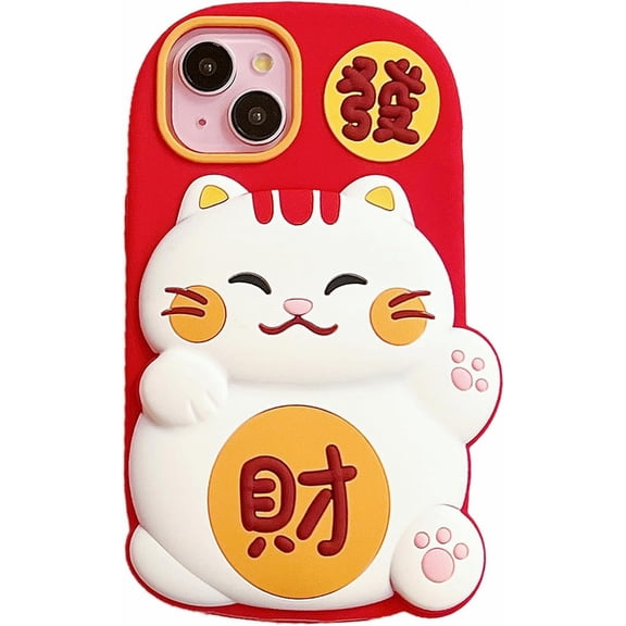 Case for iPhone 14,Kawaii Phone Cases 3D Silicone Cartoon Lucky Cat Fun Cute Case Soft Rubber Shockproof Protective Case Women Girls for iPhone 14