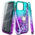 thumbnail image 1 of Case for iPhone 14, Moving Liquid Holographic Glitter Case with Kickstand, Women Slim Protective Case, Green&Purple, 1 of 6