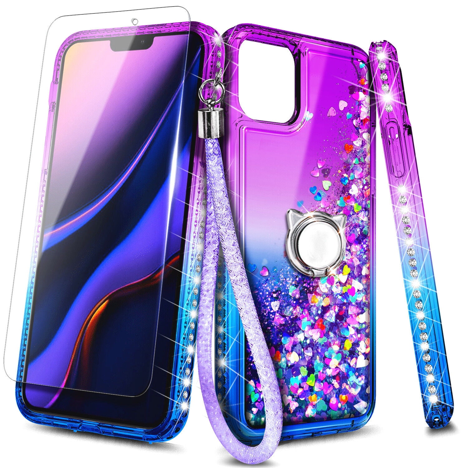 Case for iPhone 14, Moving Liquid Holographic Glitter Case with Kickstand, Women Slim Protective Case, Purple&Blue