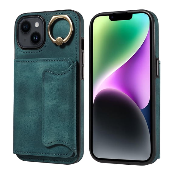 Case for iPhone 14, PU Leather 3 Card Slots with Finger Ring Holder Shockproof Phone Case