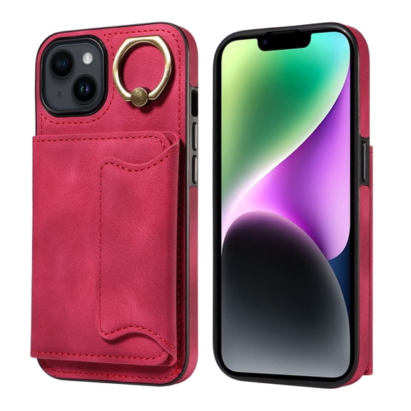 Case for iPhone 14, PU Leather 3 Card Slots with Finger Ring Holder Shockproof Phone Case