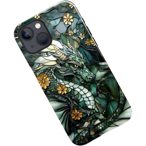 Case for iPhone 14 Plus, Dragon Stained Glass Aesthetic Dark Phone Case Military-Grade Drop Protection Cover for Women Girl - Glossy