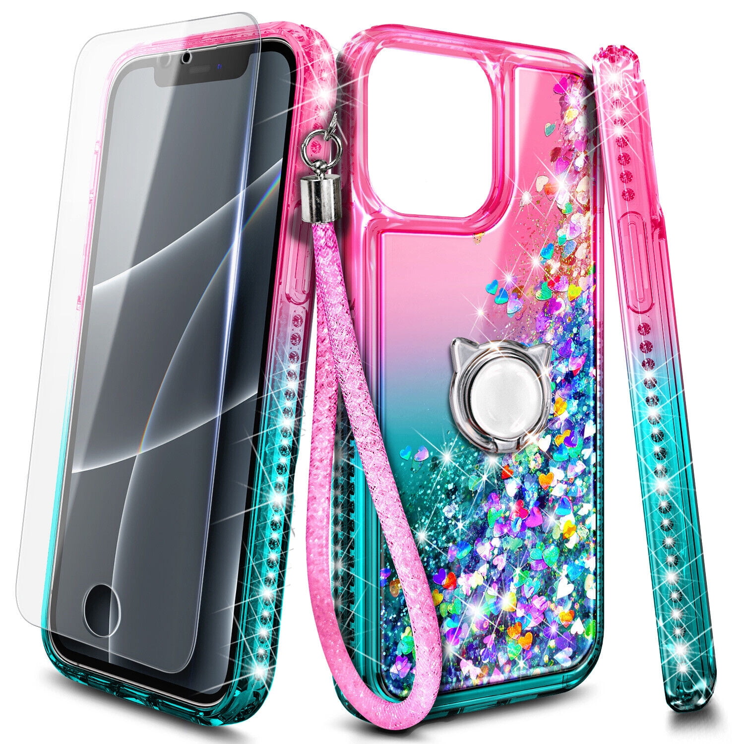 Case for iPhone 14 Plus, Moving Liquid Holographic Glitter Case with Kickstand, Women Slim Protective Case, Pink&Green