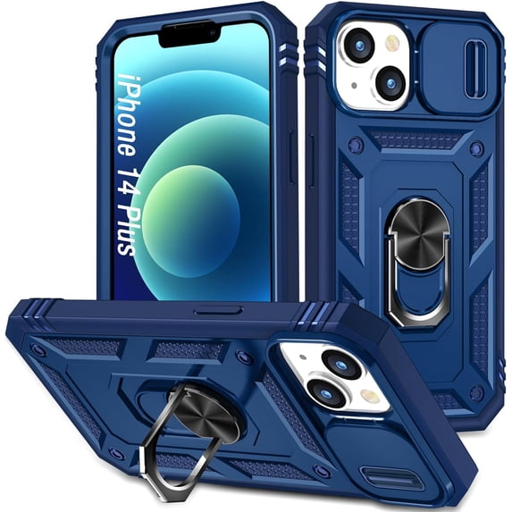 Case for iPhone 14 Plus, Shockproof Impact Resistant with Slide Lens Protective Cover Case for iPhone 14 Plus (6.7inch) (Blue)