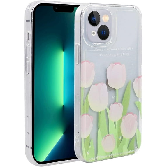 Case for iPhone 14 Plus, Soft Shockproof Clear Floral Pattern Design Phone Protective Cover for Girls and Women, Pink Tulip Flowers