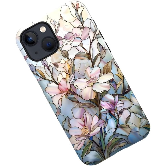 Case for iPhone 14 Plus, Stained Glass Floral Magnolia Pattern Phone Case Military-Grade Drop Protection Cover for Women Girl - Glossy