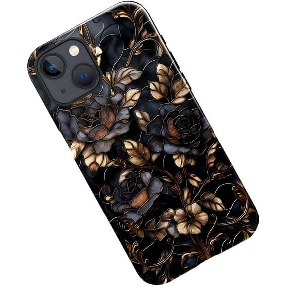 Case for iPhone 14 Plus, Stained Glass Gold Dark Academia Flower Phone Case Military-Grade Drop Protection Cover for Women Girl - Glossy