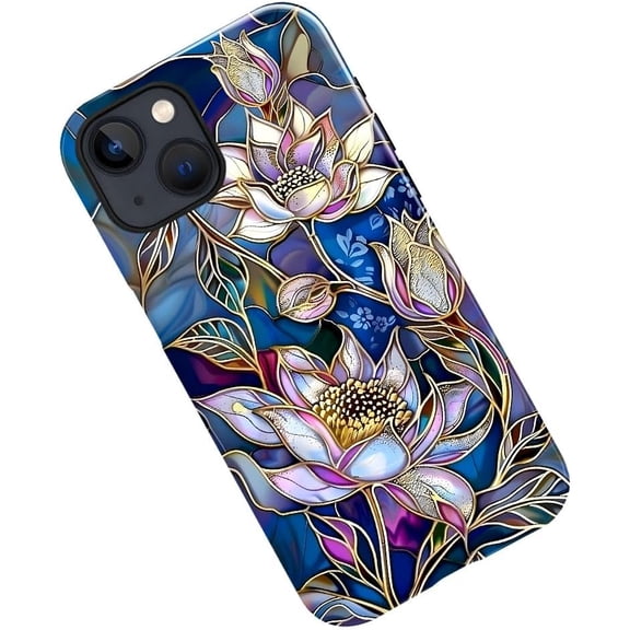 Case for iPhone 14 Plus, Stained Glass Lotus Flowers Gold Purple Phone Case Military-Grade Drop Protection Cover for Women Girl - Glossy