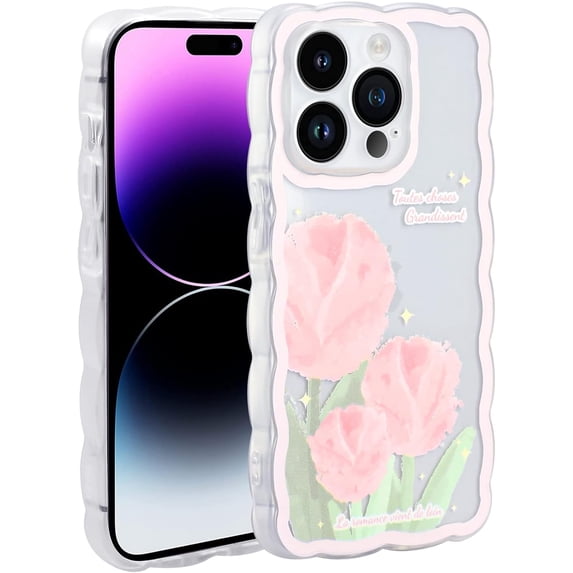Case for iPhone 14 Pro, Case Cute Cartoon Pink Tulips for Girls Shockproof TPU Bumper Protective Case for iPhone 14 Pro 2022 (6.1 Inch)