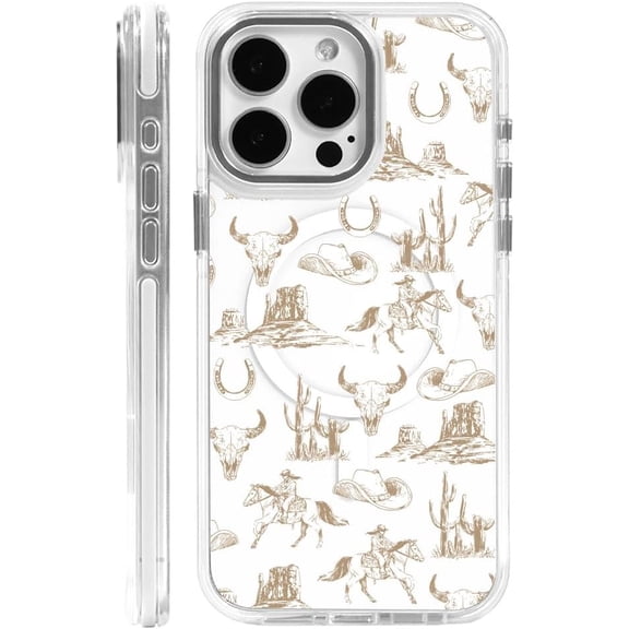 Case for iPhone 14 Pro Clear, Compatible with MagSafe, Anti-Scratch Magnetic Case, Brown Western Wild West Cowboy French