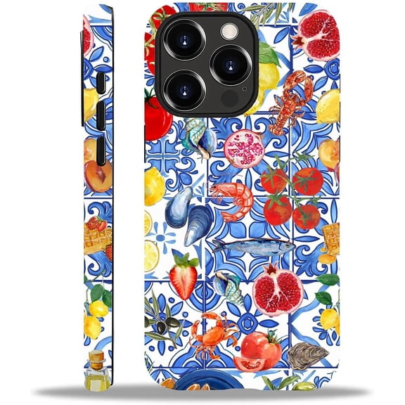 Case for iPhone 14 Pro, Drop Protection Hybrid 2-Layer Hard Phone Cover-Tile Beachy Fruit Collage