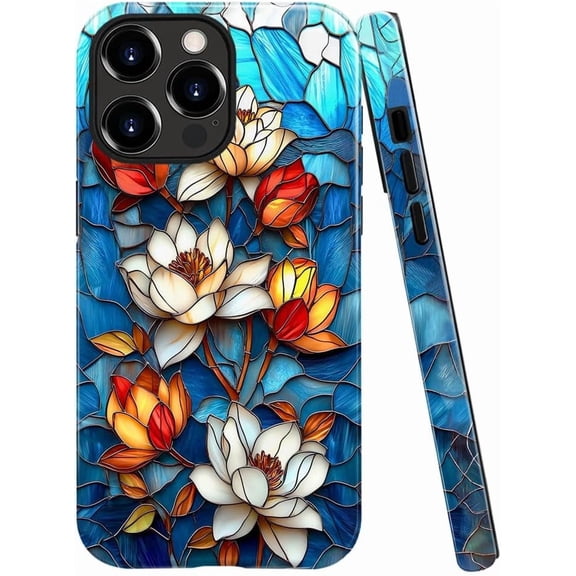 Case for iPhone 14 Pro, Fits Glossy Case Design for Girl Women, Lotus Floral Flower Stained Glass