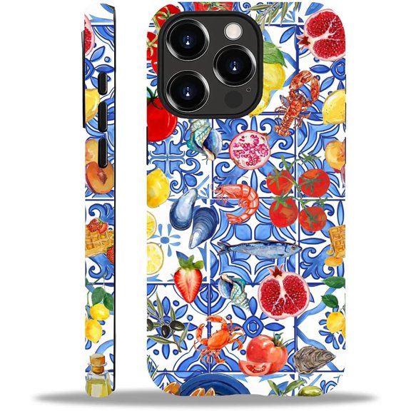 Case for iPhone 14 Pro Max, Drop Protection Hybrid 2-Layer Hard Phone Cover-Tile Beachy Fruit Collage
