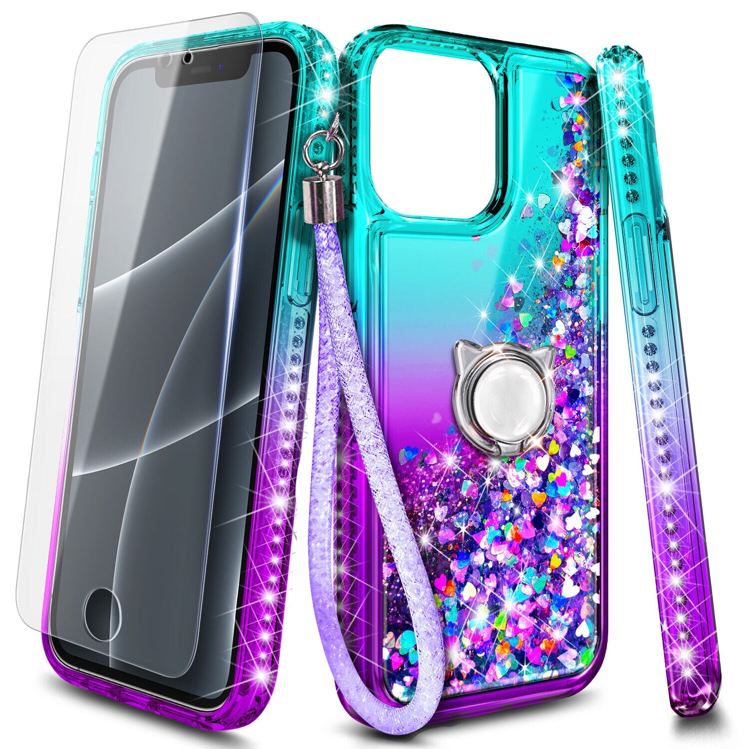 Case for iPhone 14 Pro Max, Moving Liquid Holographic Glitter Case with Kickstand, Women Slim Protective Case, Green&Purple