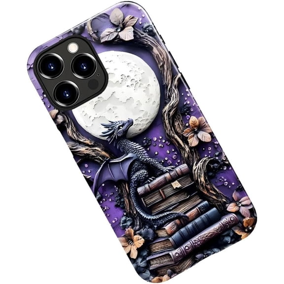 Case for iPhone 14 Pro Max, Purple Dragon Book Moon Flower Phone Case Military-Grade Drop Protection Cover for Women Girl - Glossy
