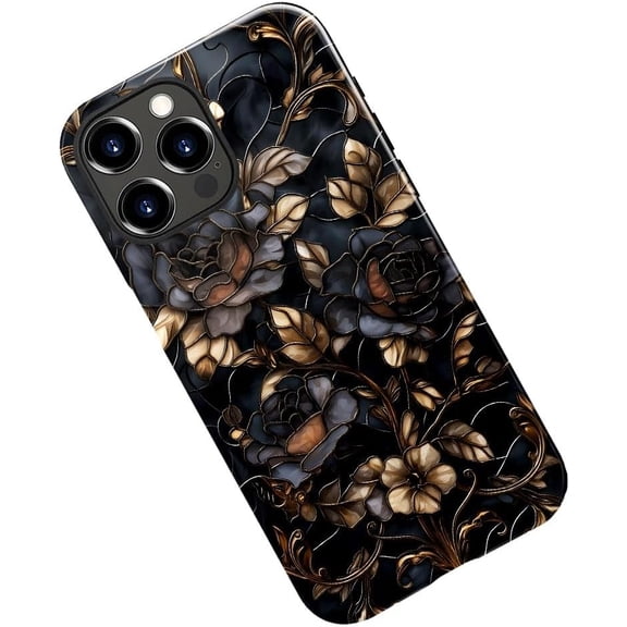 Case for iPhone 14 Pro Max, Stained Glass Gold Dark Academia Flower Phone Case Military-Grade Drop Protection Cover for Women Girl - Glossy