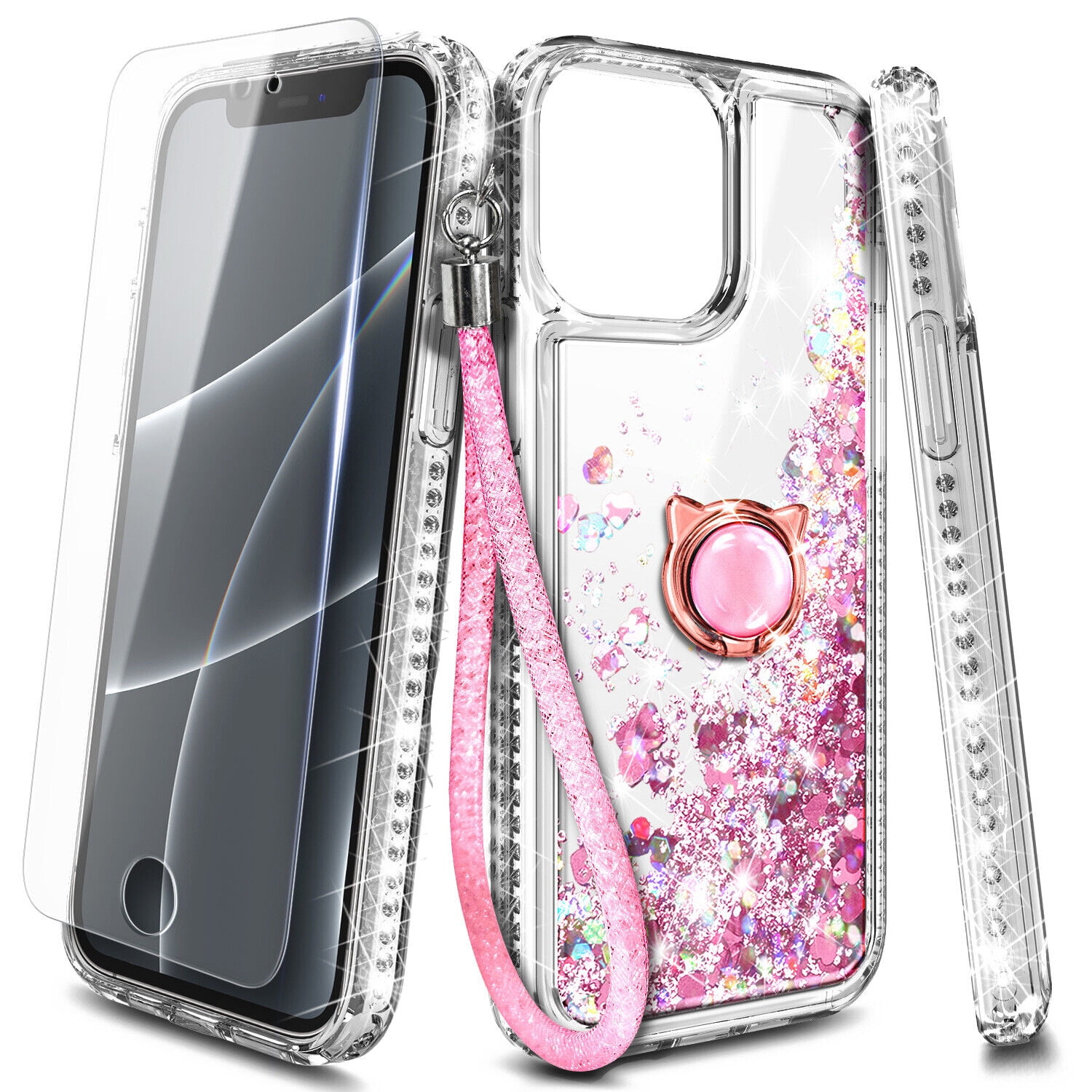 Case for iPhone 14 Pro, Moving Liquid Holographic Glitter Case with Kickstand, Women Slim Protective Case, Clear