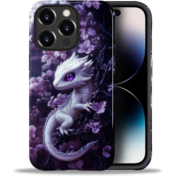 Case for iPhone 14 Pro, Shockproof Hard Shell + Soft Silicone 2 in 1 Hybrid, Shockproof Bumper Drop Protective - Baby Dragon Lavender Floral