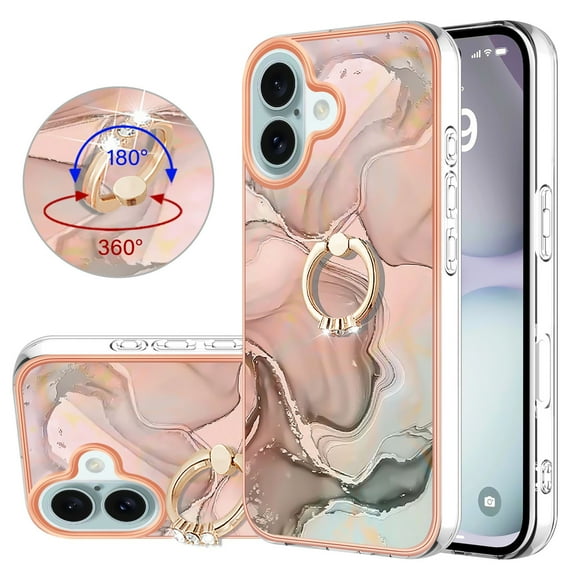 Case for iPhone 14 Pro case,Shiny IMD Marble Pattern Ring Kickstand Case for Girls,Enhanced Camera and Screen Protection Cover