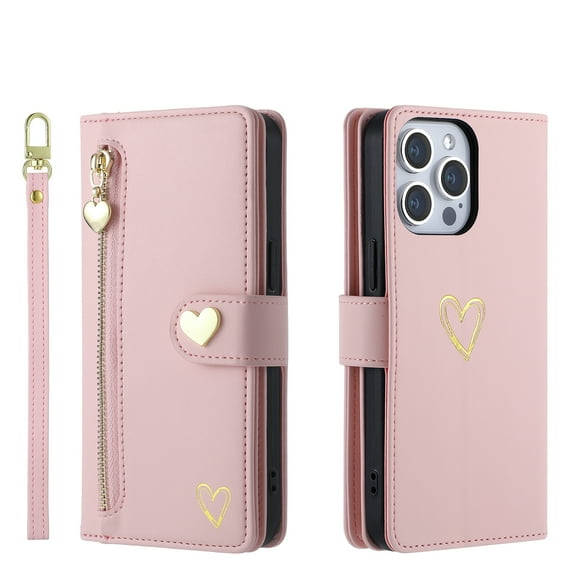 Case for iPhone 14 Wallet phone case with zipper pocket, wrist strap, flip cover and built-in card slots.