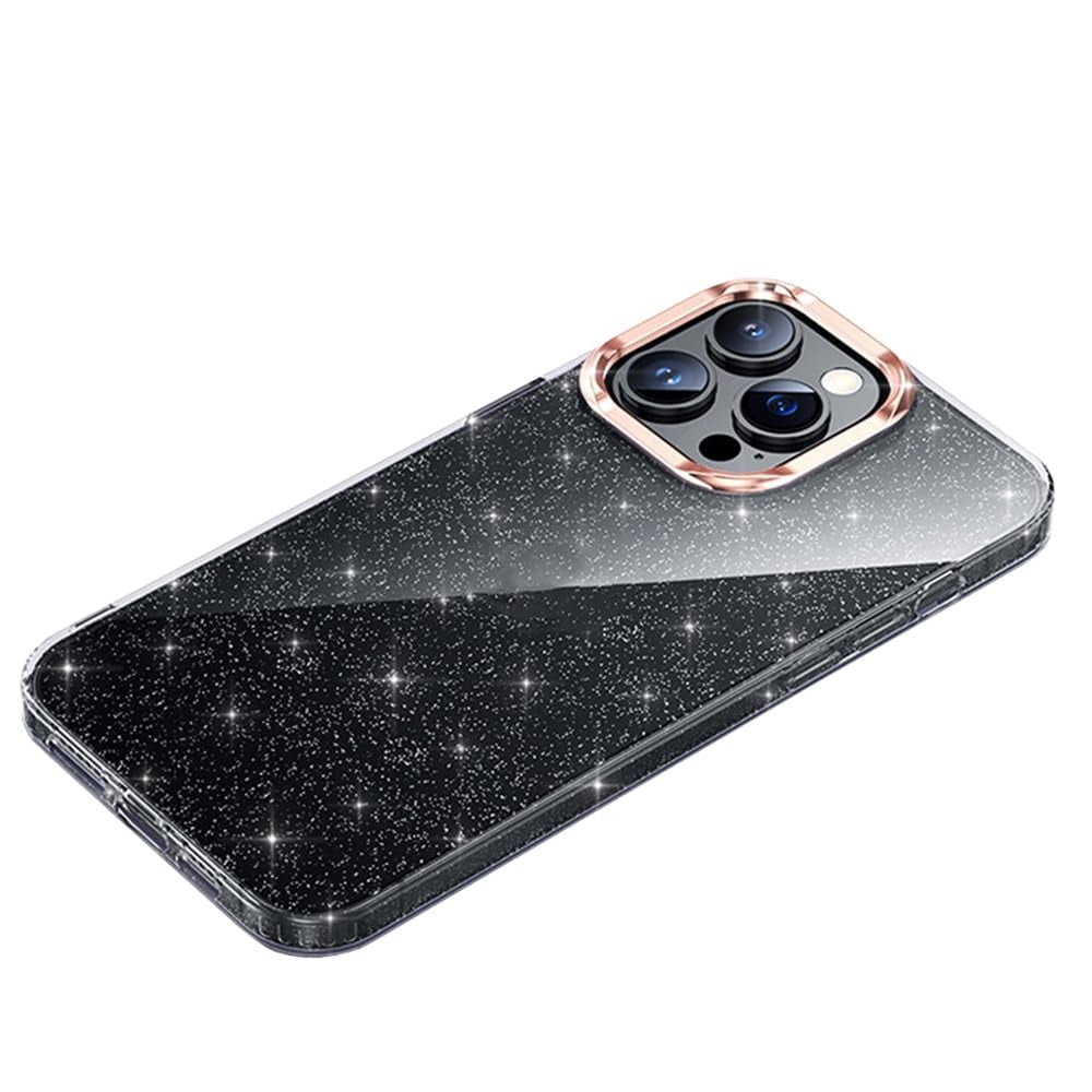 Case for iPhone 15/15 Plus/15 Pro/15 Pro Max, Clear Sparkle Phone Case with Electroplated Lens Protective, Support Wireless Charging Cover