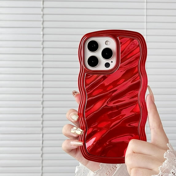 Case for iPhone 15,3D Wave Water Ripple Pattern Electroplate Plating Curly Wavy Frame Glitter Case,for iPhone 15 Phone Case 6.1 Inch,Shiny Red