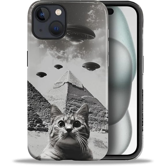 Case for iPhone 15 Case, Hybrid 2-Layer Silicone Protective Glossy Case for Girl Women Case for iPhone 15 Funny Retro Cat Pyramid UFO Pattern