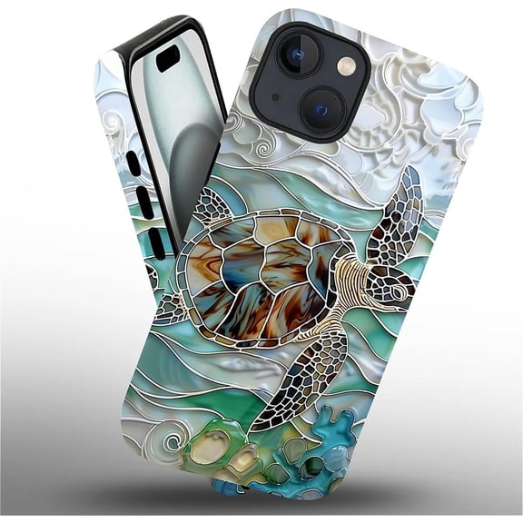 Case for iPhone 15 Case, Hybrid 2-Layer Silicone Protective Matte Case for Girl Women Stained Glass Sea Turtle Window Art Pattern Case for iPhone 15