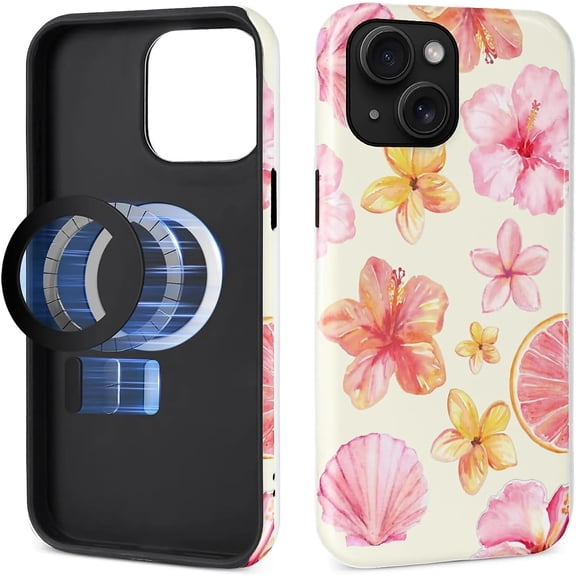 Case for iPhone 15, [Compatible with MagSafe], Magnetic Phone Glossy Cover, Hybrid Heavy 2 in 1 Full Body Rugged Shockproof-Hibiscus Seashell Florals