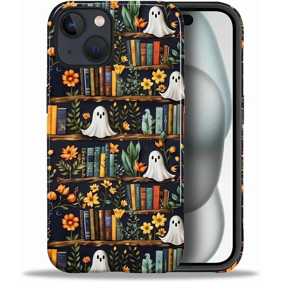 Case for iPhone 15, Drop Protection Hybrid 2-Layer Hard Phone Cover-Ghost Flower Vine Bookshelf