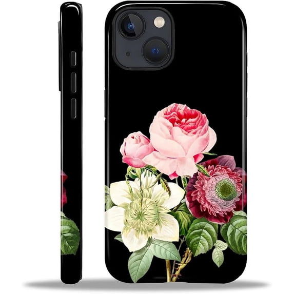 Case for iPhone 15, Hybrid Heavy Duty 2 in 1 Full Body Rugged Shockproof Protection Glossy Case for iPhone 15 - Dark Floral
