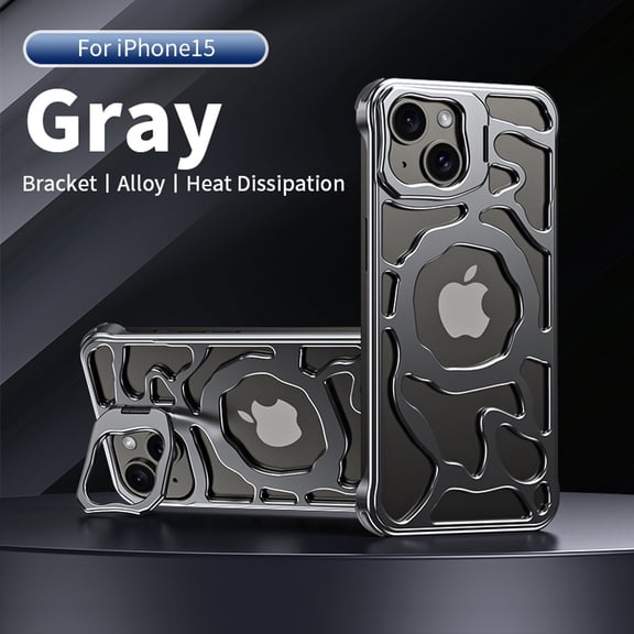 Case for iPhone 15, Magnetic Heat Radiation Phone Cover Camera Lens Stand Metal Hollow Luxury Case for for iPhone 15, Gray