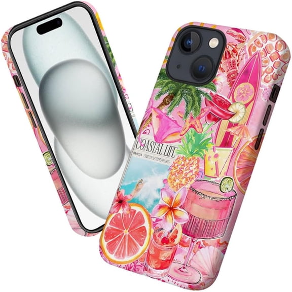 Case for iPhone 15, Pink Turtle Pineapple Flowers Collage Phone Case Military-Grade Drop Protection Cover for Women Girl - Frosted