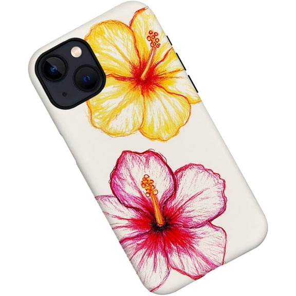 Case for iPhone 15 Plus, Hibiscus Flower Pink Yellow Watercolor Phone Case Military-Grade Drop Protection Cover for Women Girl - Frosted