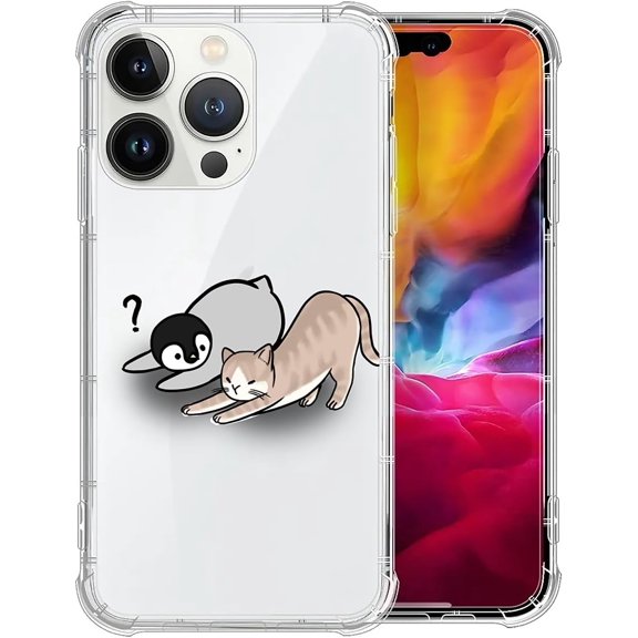 Case for iPhone 15 Pro Case, Clear Cute Penguin Cat Pattern Graphic Case for Girl Women Soft Silicone Shock Protection Case for iPhone 15 Pro